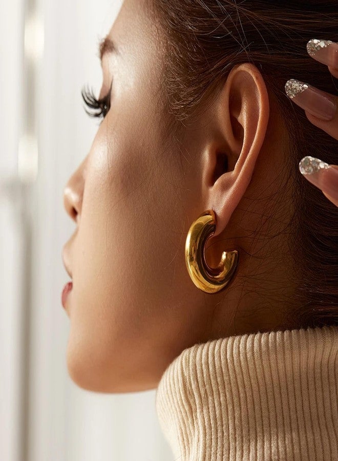 Moodear Chunky Dainty 14K Gold Plated Hoops Earring - Trendy Thick Hoop Hypoallergenic Earrings for Women Non Tarnish - Image 4